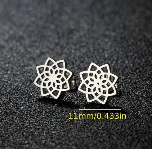 2 Pairs Titanium Steel Black Silver Lotus Mandala Flower Men Women Stud Earrings